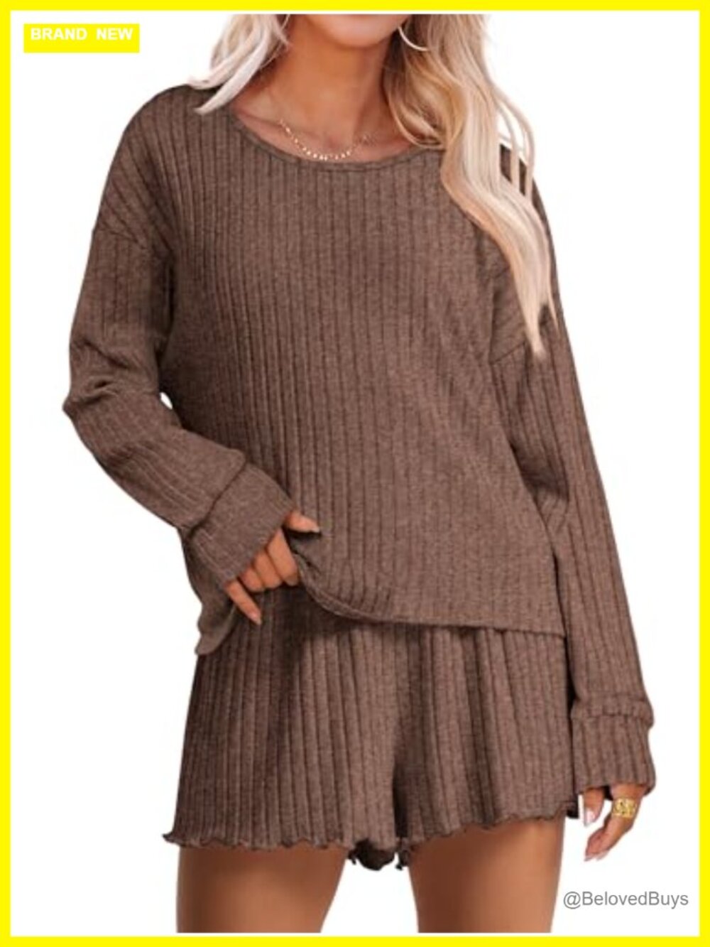 ANRABESS Women's 2 Piece Lounge Pajama Set Ribbed Long Sleeve Top & Shorts